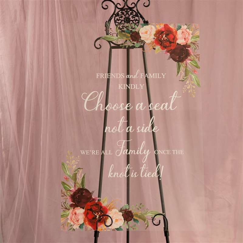 Floral Acrylic Wedding Seating Sign: Choose a Seat, Not a Side