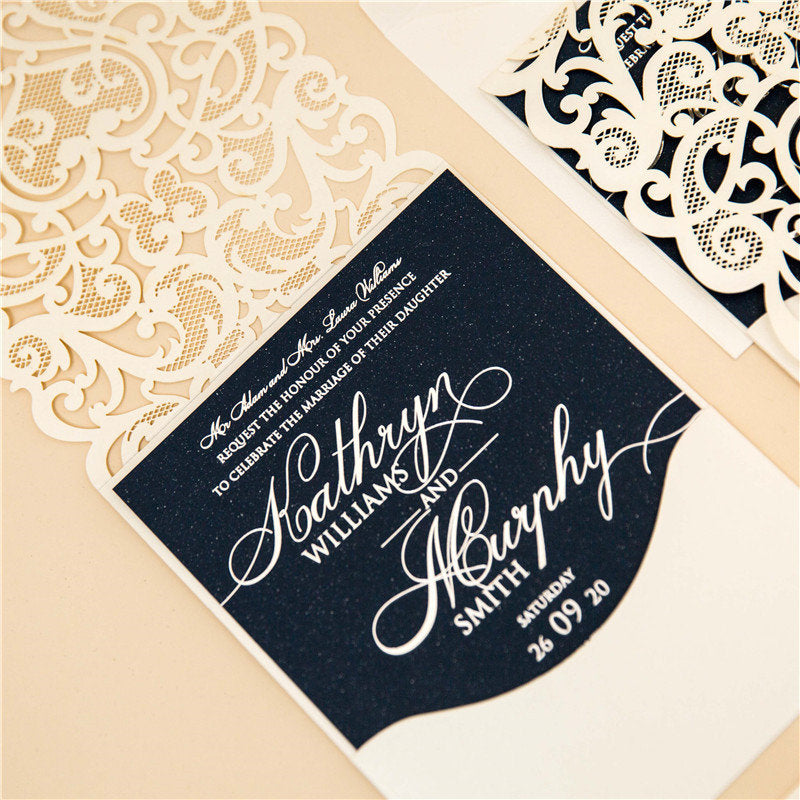 Ivory & Navy Lasercut Wedding Invite with Silver Foil Detailing