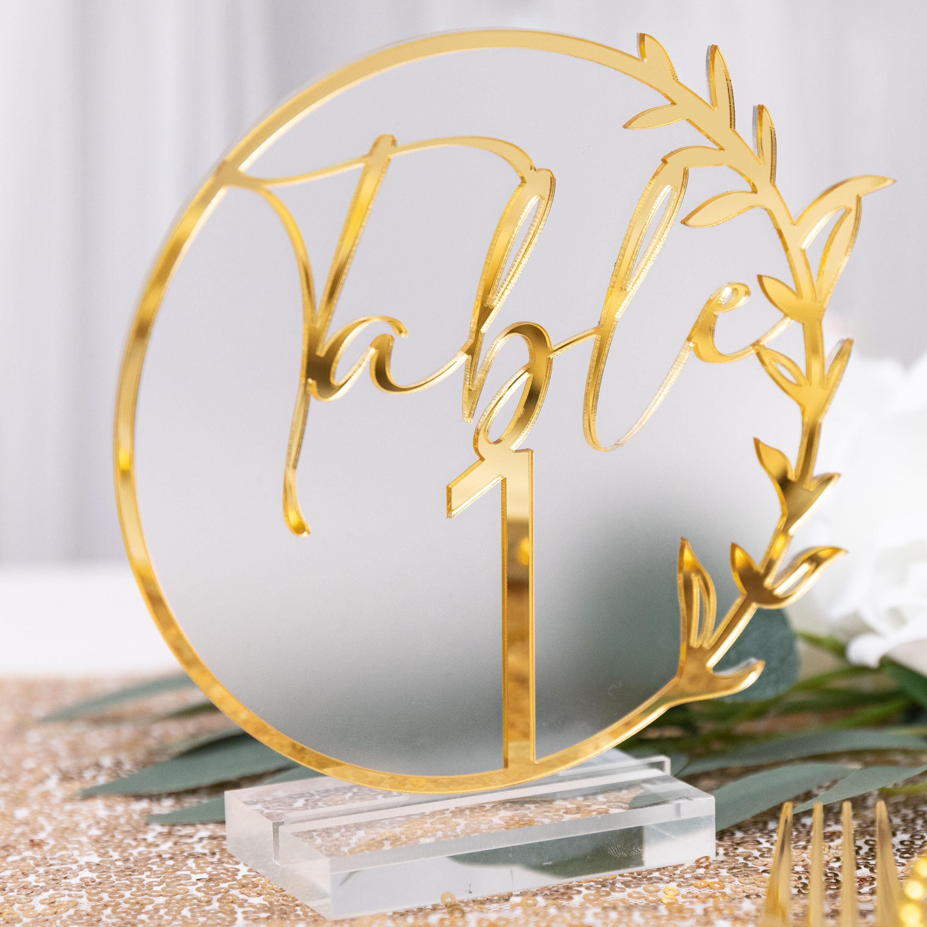Floral Acrylic Wedding Table Number, Gold Mirror Detail