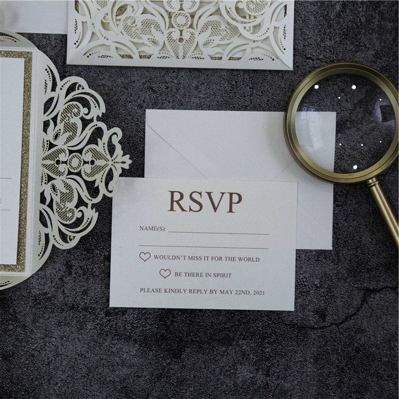 Lasercut Ivory Wedding Invitation with Rose Gold Glitter Details