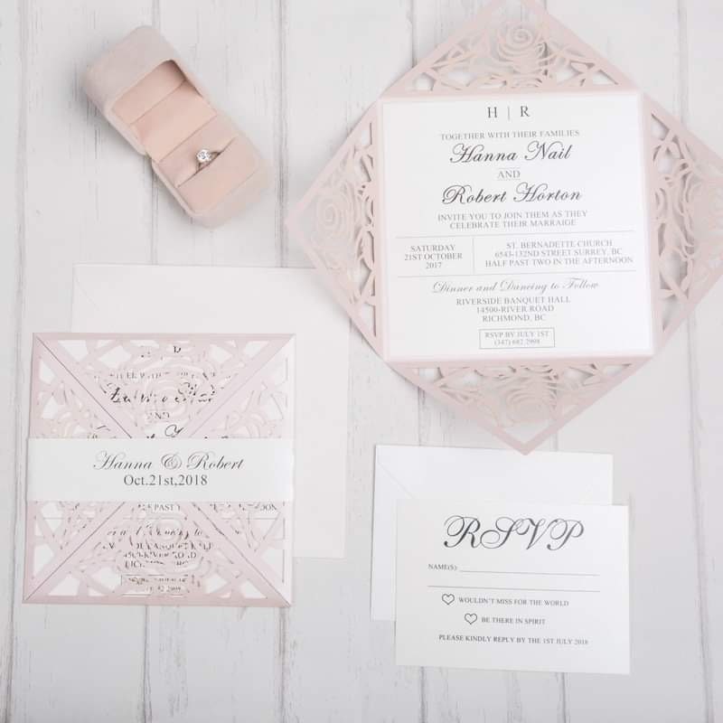 Blush Pink & Ivory Rose Detail Lasercut Wedding Invite with Bellyband