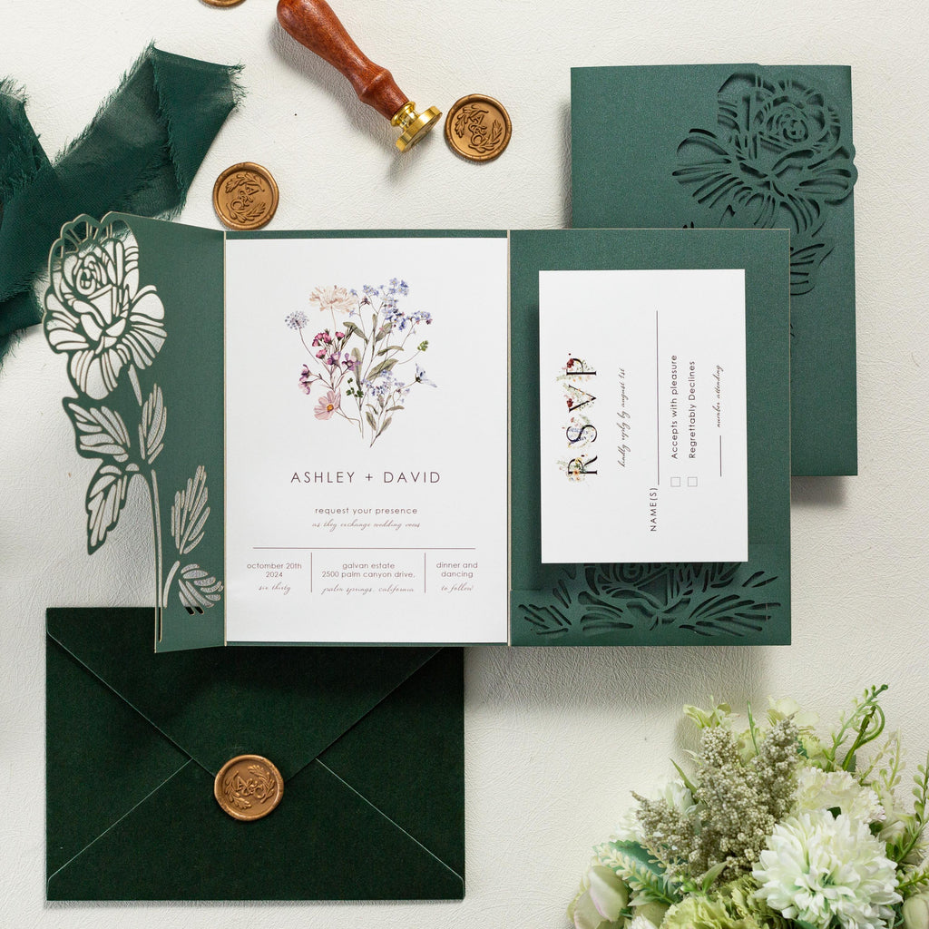 Floral Lasercut Pocketfold Wedding Invitation with Matching Inserts & Personalised Wax Seal with Velvet Envelope