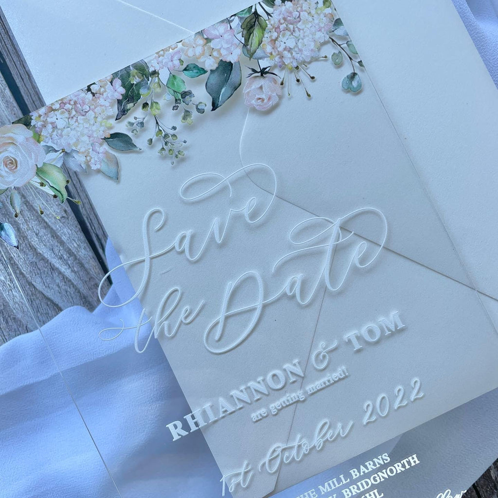 Floral Acrylic Save The Date | White Ink, Shimmer Envelope