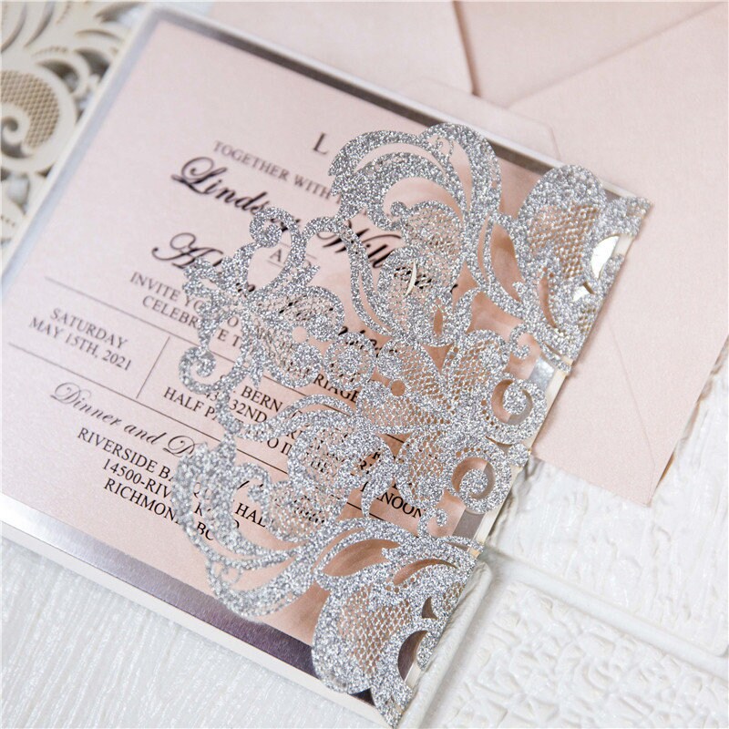 Silver Glitter & Pink Ribbon Lasercut Wedding Invitation with Silver Mirror Detailing