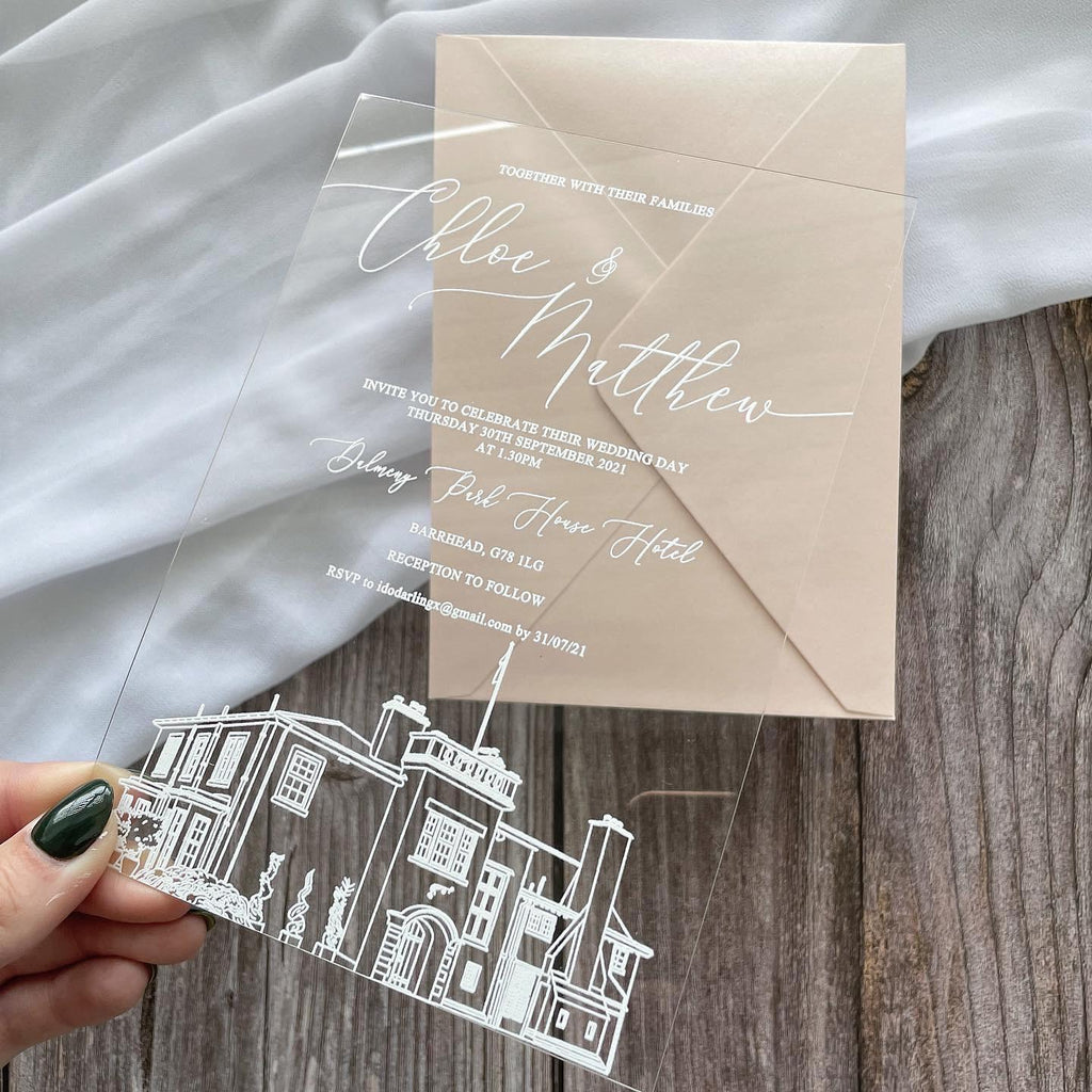Clear Acrylic Wedding Invite with Venue Illustration, Blush Pink