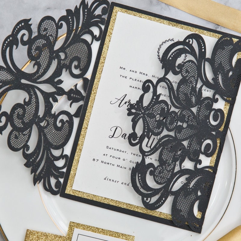 Black Laser Cut Wedding Invitation with Gold Glitter Accent