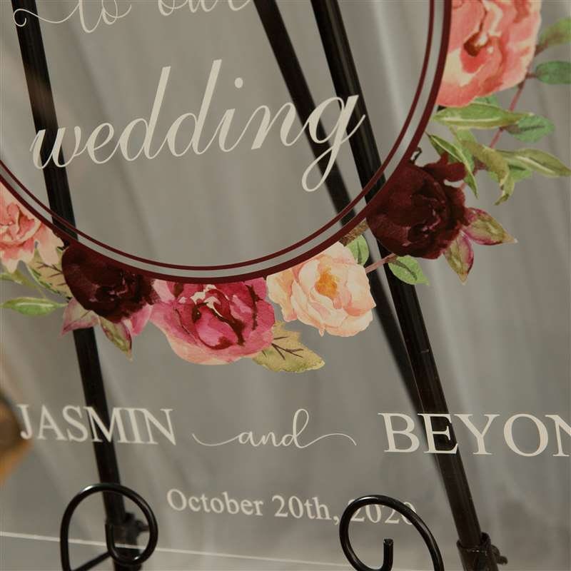 Burgundy Blush Floral Wreath Acrylic Wedding Welcome Sign