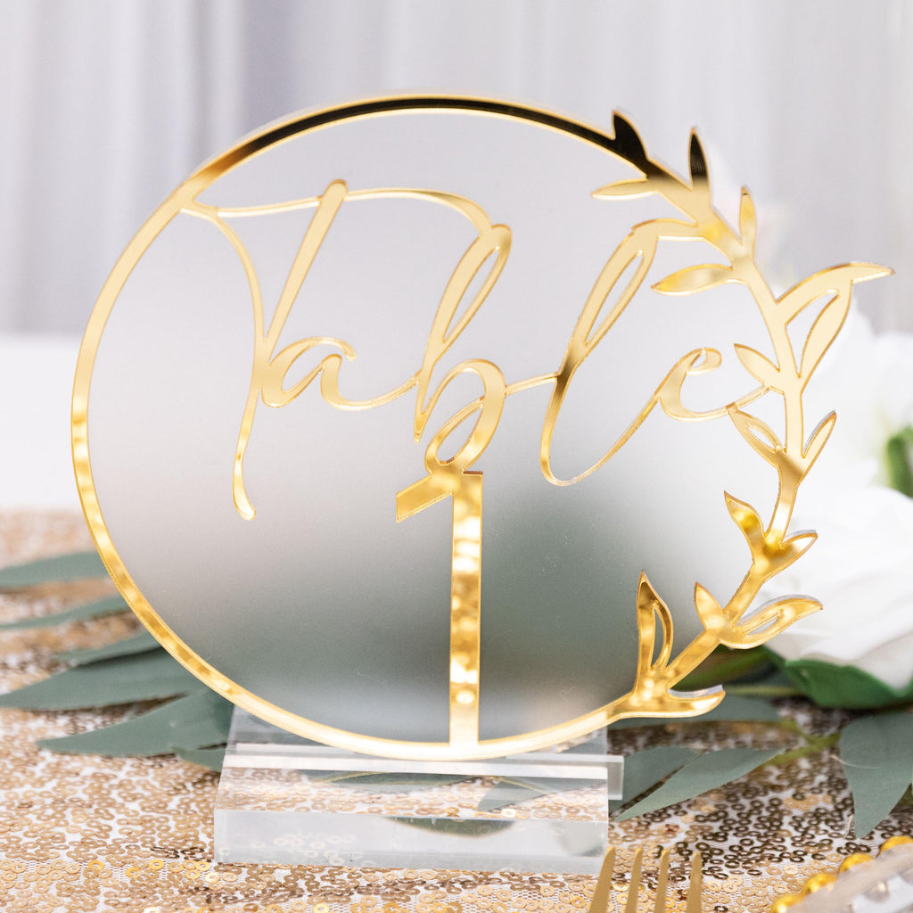 Floral Acrylic Wedding Table Number, Gold Mirror Detail