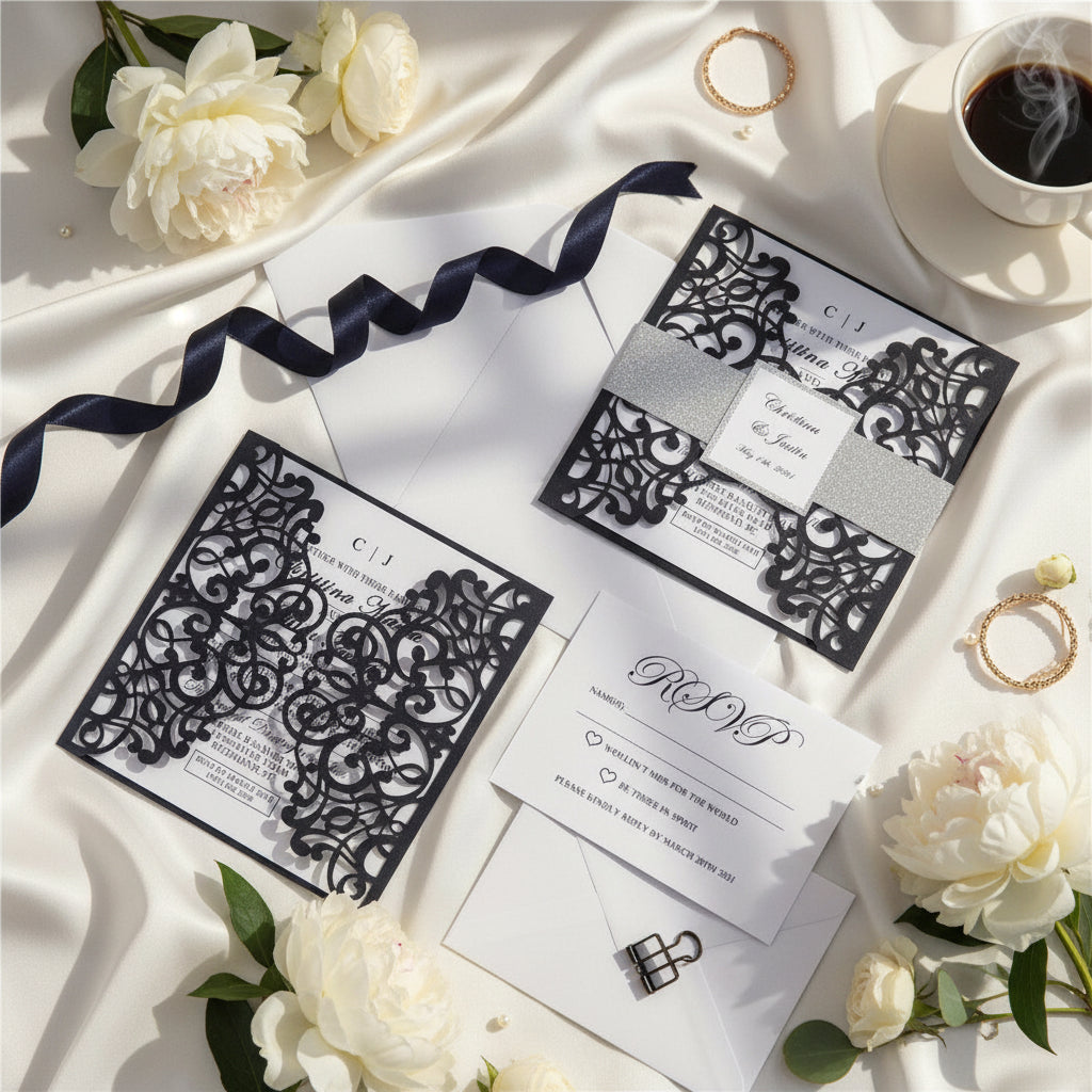 Navy Lasercut Gatefold Wedding Invitation with Silver Glitter Belly Band