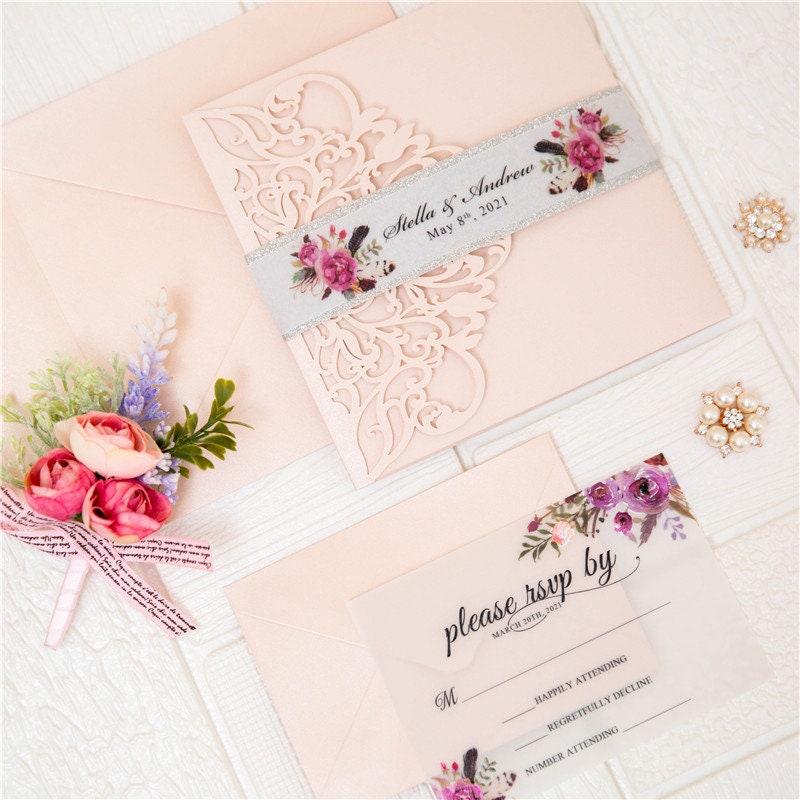Vellum Laser Cut Wedding Invitation: Blush Floral, Silver Glitter