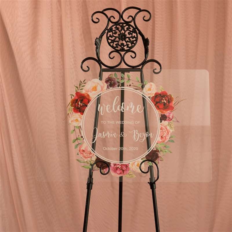 Burgundy Blush Floral Wreath Acrylic Wedding Welcome Sign