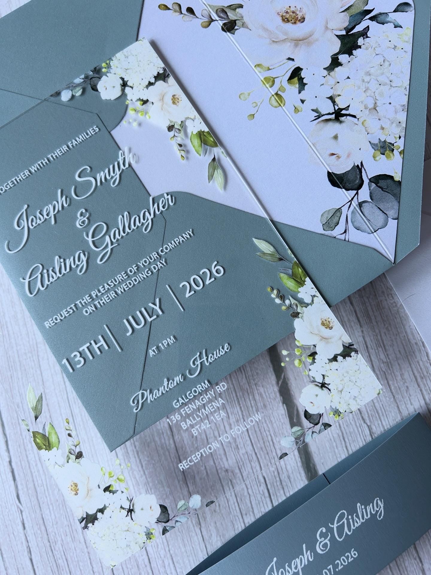 Elegant Acrylic Wedding Invitation: Dusty Blue Floral, Shimmer Envelope