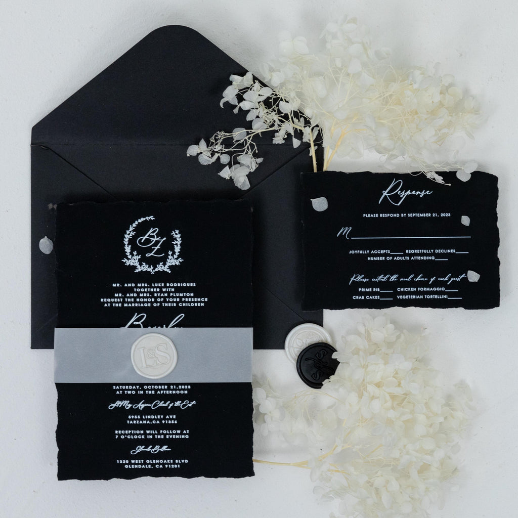 Matte Black Deckle Edge Wedding Invitation | Vellum Bellyband, White Ink