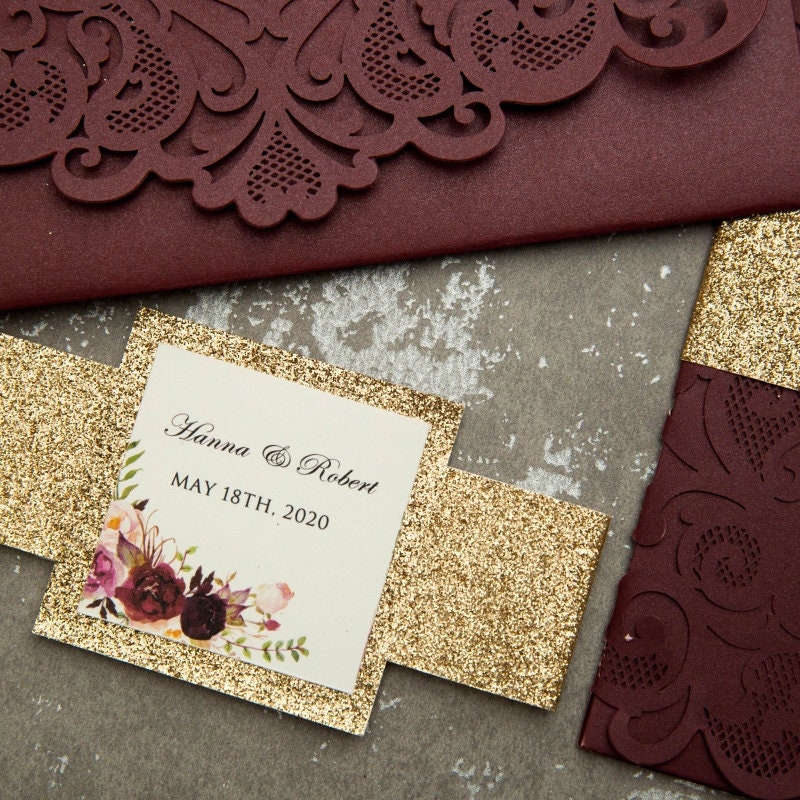 Burgundy Floral Lasercut Pocketfold Wedding Invitation with Gold Glitter Belly Band
