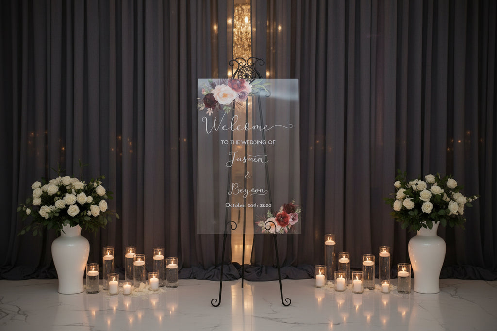 Burgundy & Blush Floral Acrylic Wedding Welcome Sign