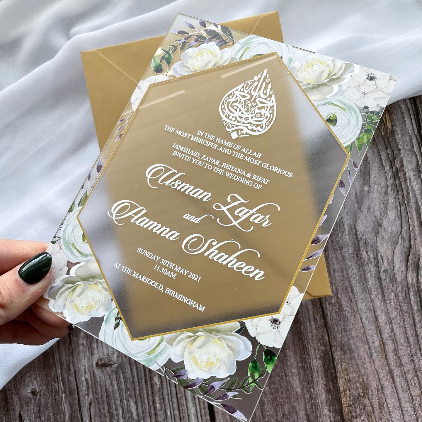 Floral Frosted Acrylic Wedding Invitation | Gold Metallic Envelope