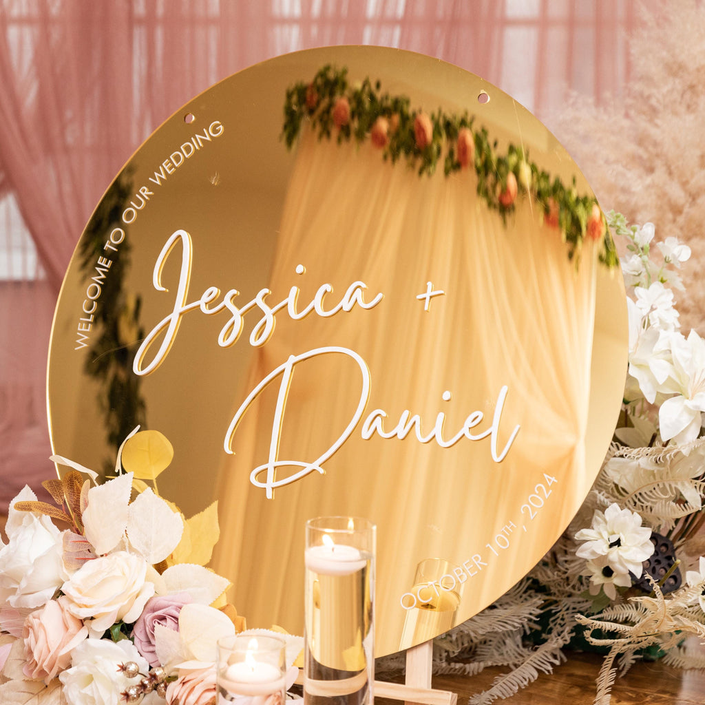 Gold Mirror Acrylic Wedding Welcome Sign | 3D Letter Names