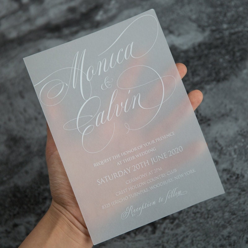 Vellum Wedding Invitation, White Marble UV Printed Invite