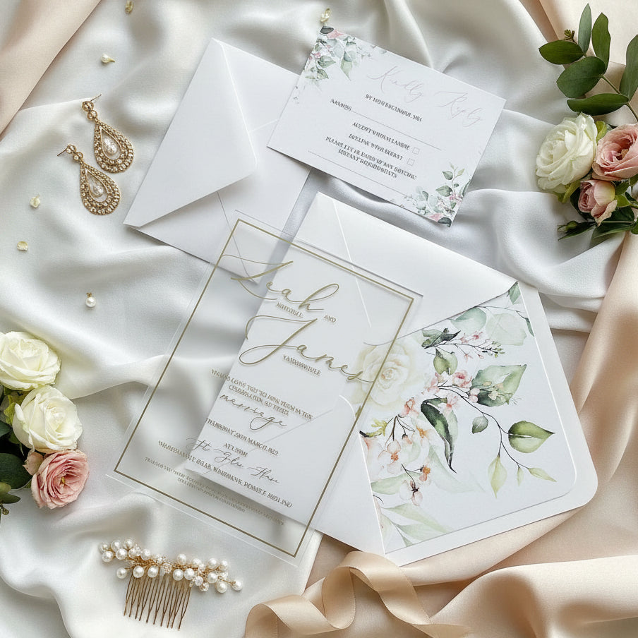 Frosted Acrylic Wedding Invitation | Gold Floral, Bridgerton Style