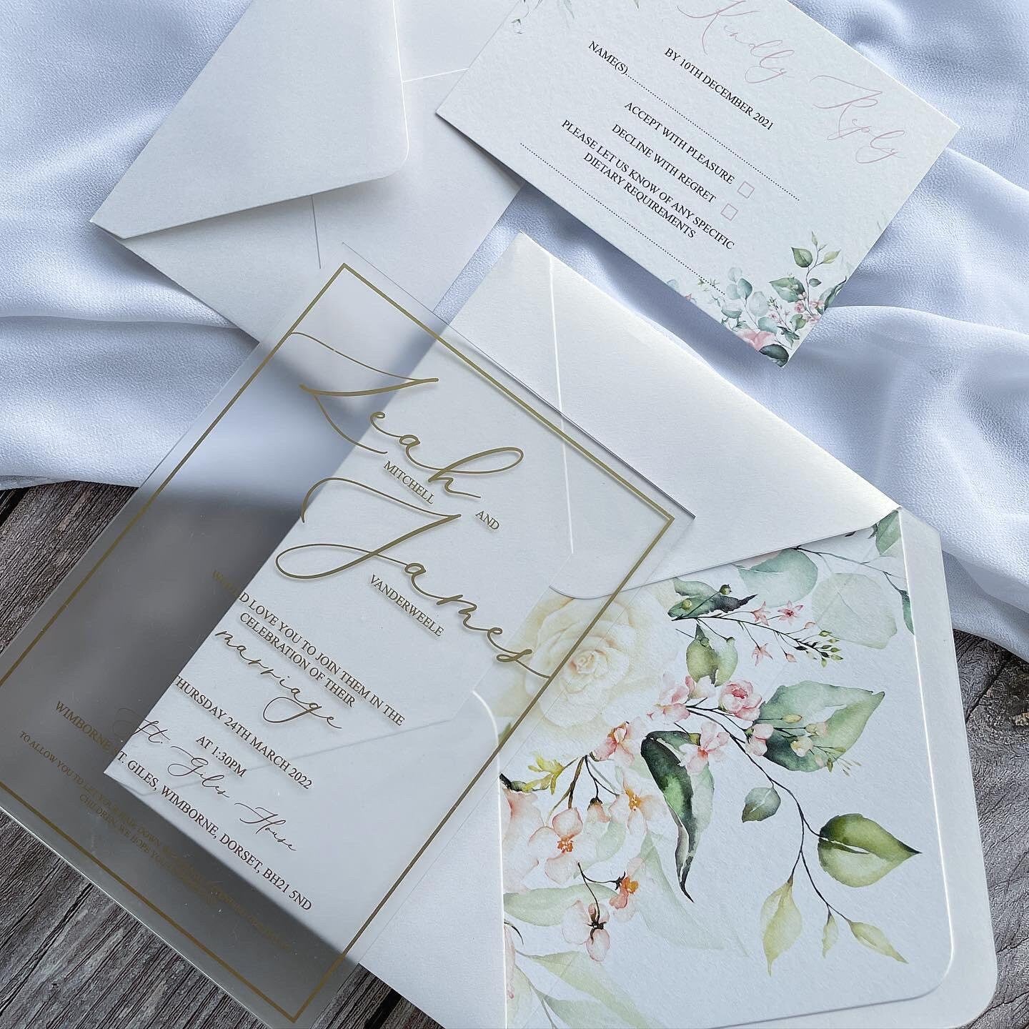 Frosted Acrylic Wedding Invitation | Gold Floral, Bridgerton Style