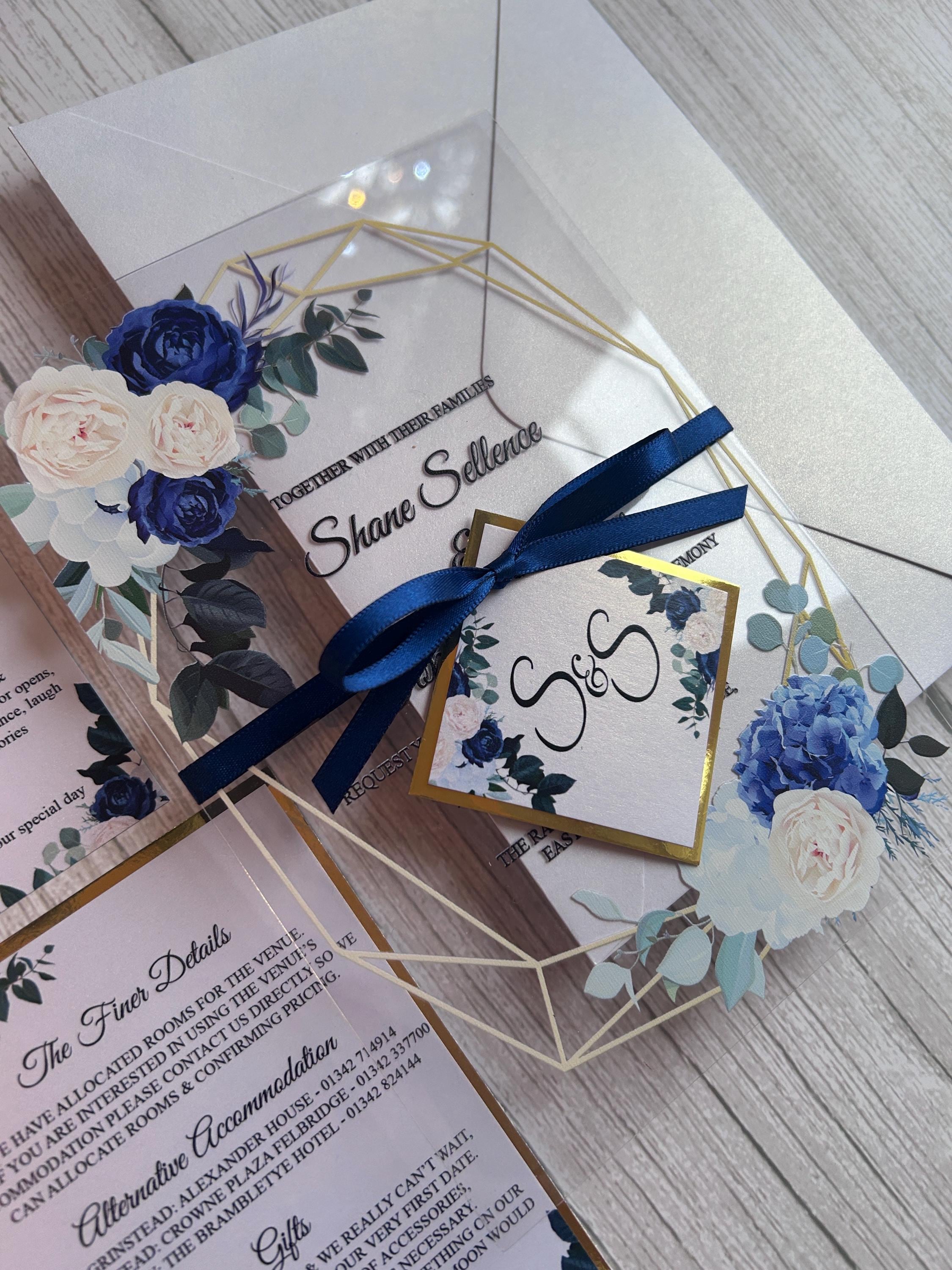 Clear Acrylic Wedding Invitation Suite, Navy & Ivory Floral Invite with Gold Geometric Frame, Luxury Modern Wedding Invitations