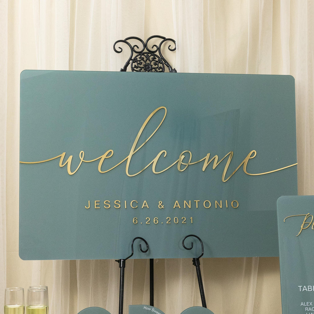 Sage Green Acrylic Wedding Welcome Sign, Gold 3D Lettering