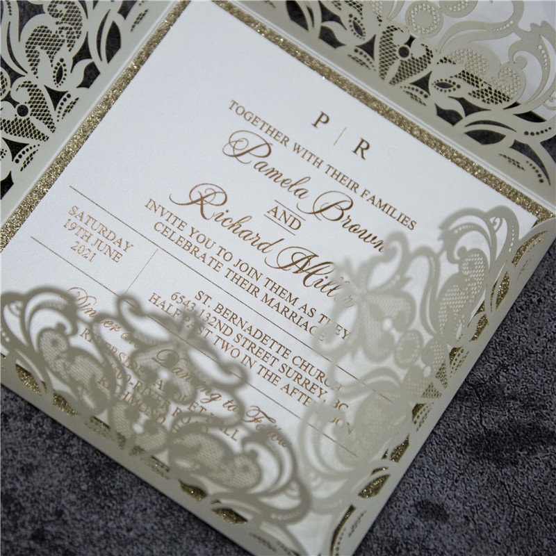 Lasercut Ivory Wedding Invitation with Rose Gold Glitter Details