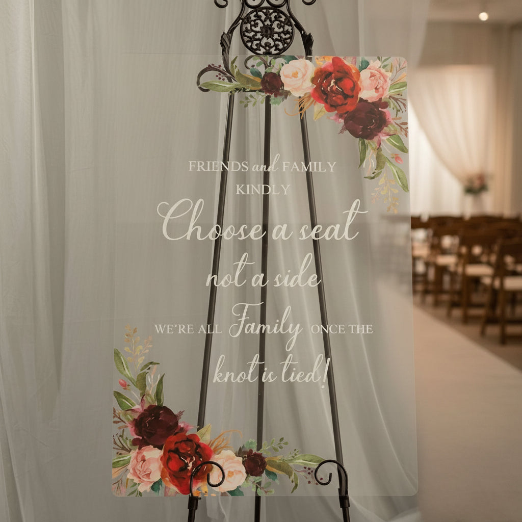 Floral Acrylic Wedding Seating Sign: Choose a Seat, Not a Side