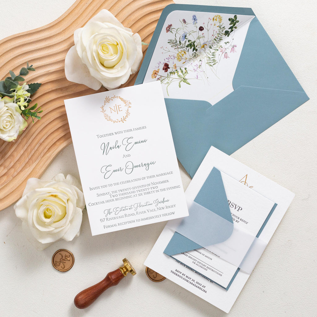 Luxury Letterpress wedding invite with foiled emblem, vellum bellyband and blue envelope | Wedding Invitation