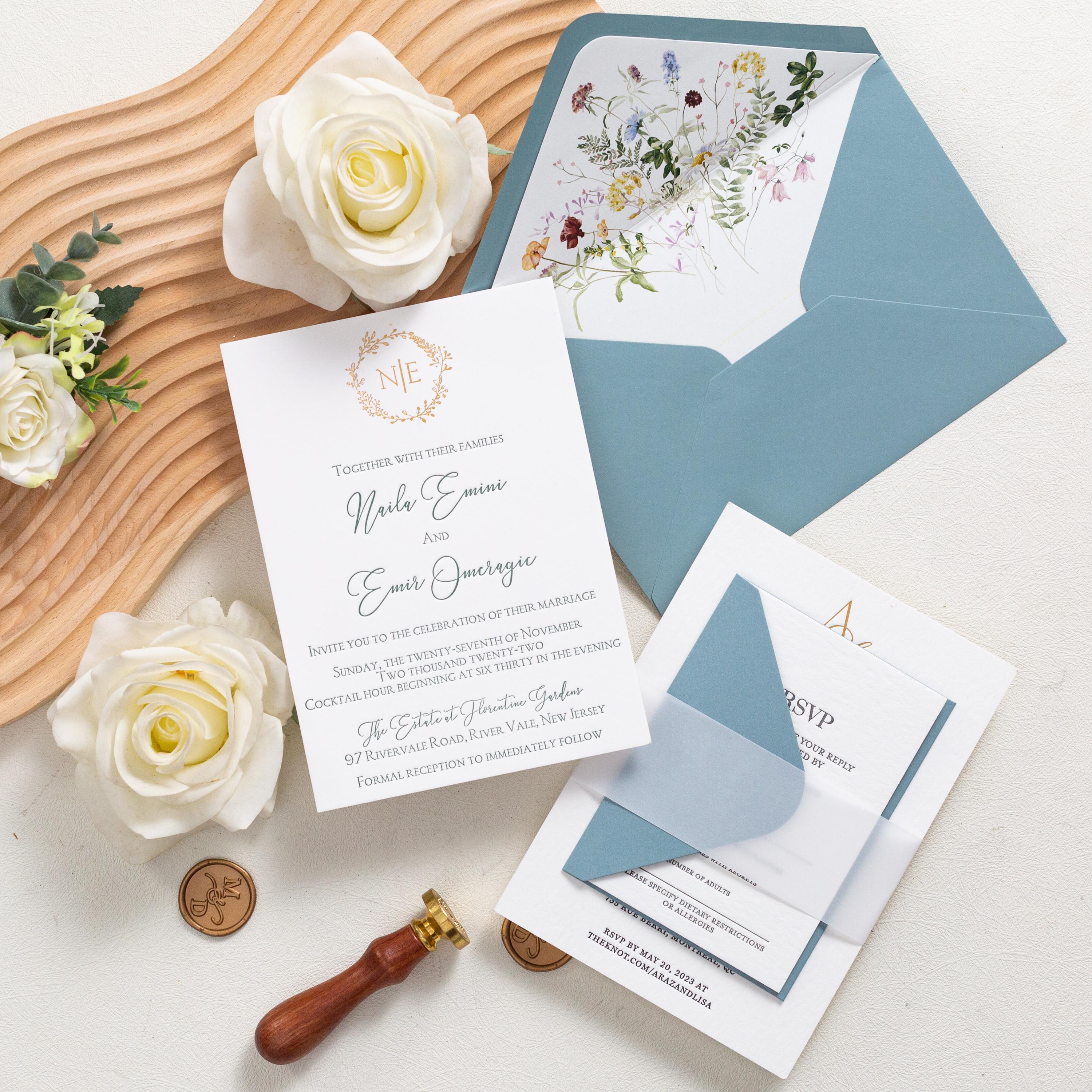 Luxury Letterpress wedding invite with foiled emblem, vellum bellyband and blue envelope | Wedding Invitation