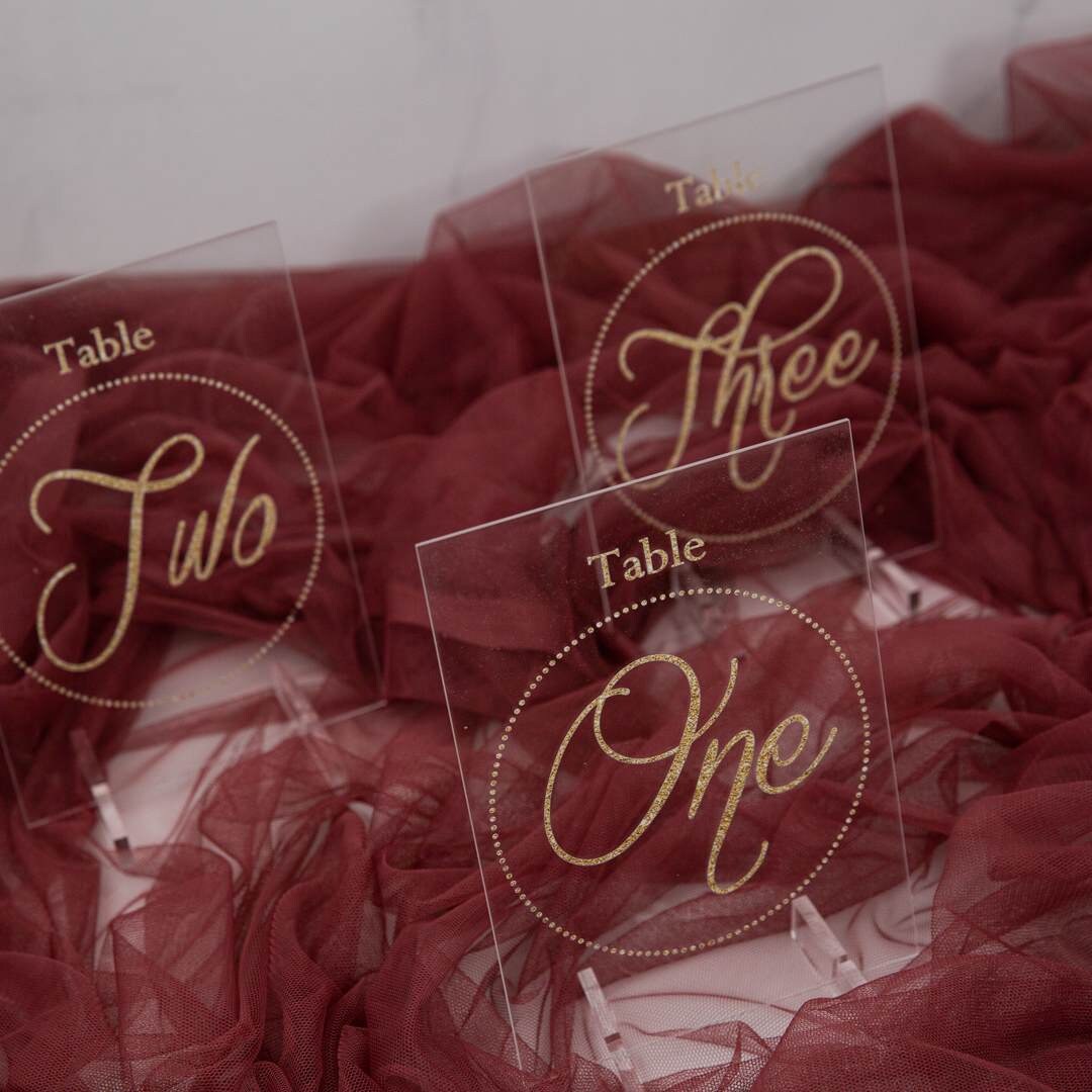 Gold Acrylic Wedding Table Numbers or Names, Clear Sign