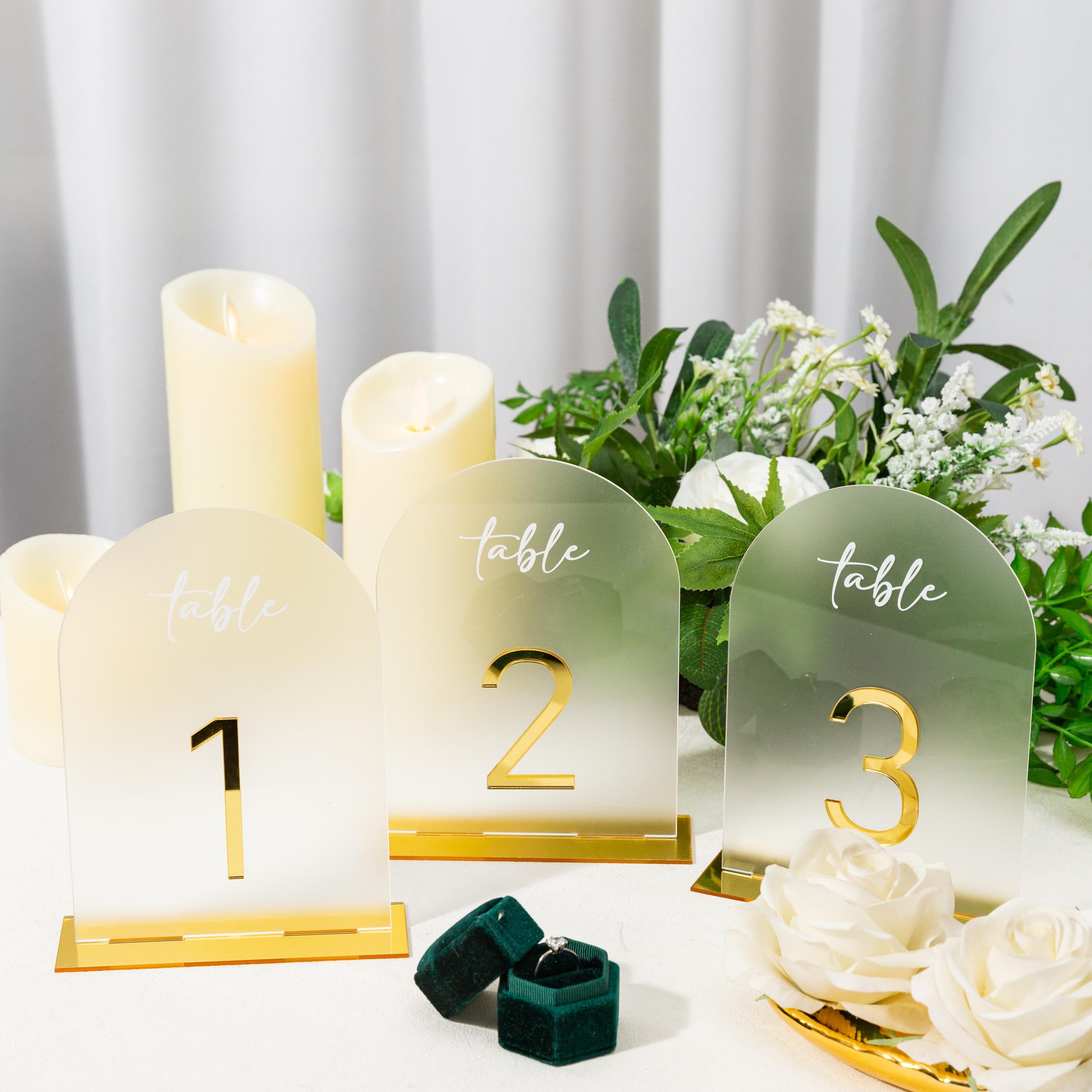 Arch Wedding Table Numbers and Names in Gold Mirror Acrylic and White 3D Letters