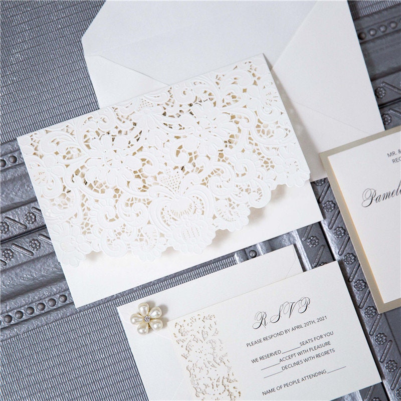 Laser Cut Wedding Invitation, Ivory Embossed Design