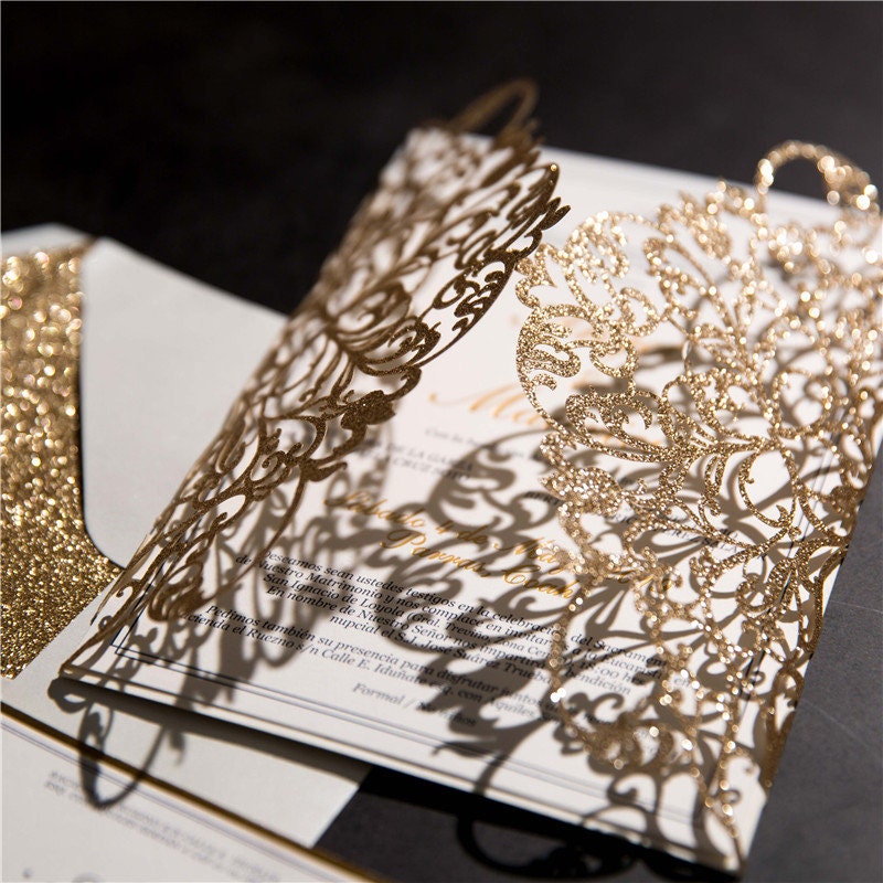 Rose Gold Glitter & White Delicate Lasercut Gatefold Wedding Invite