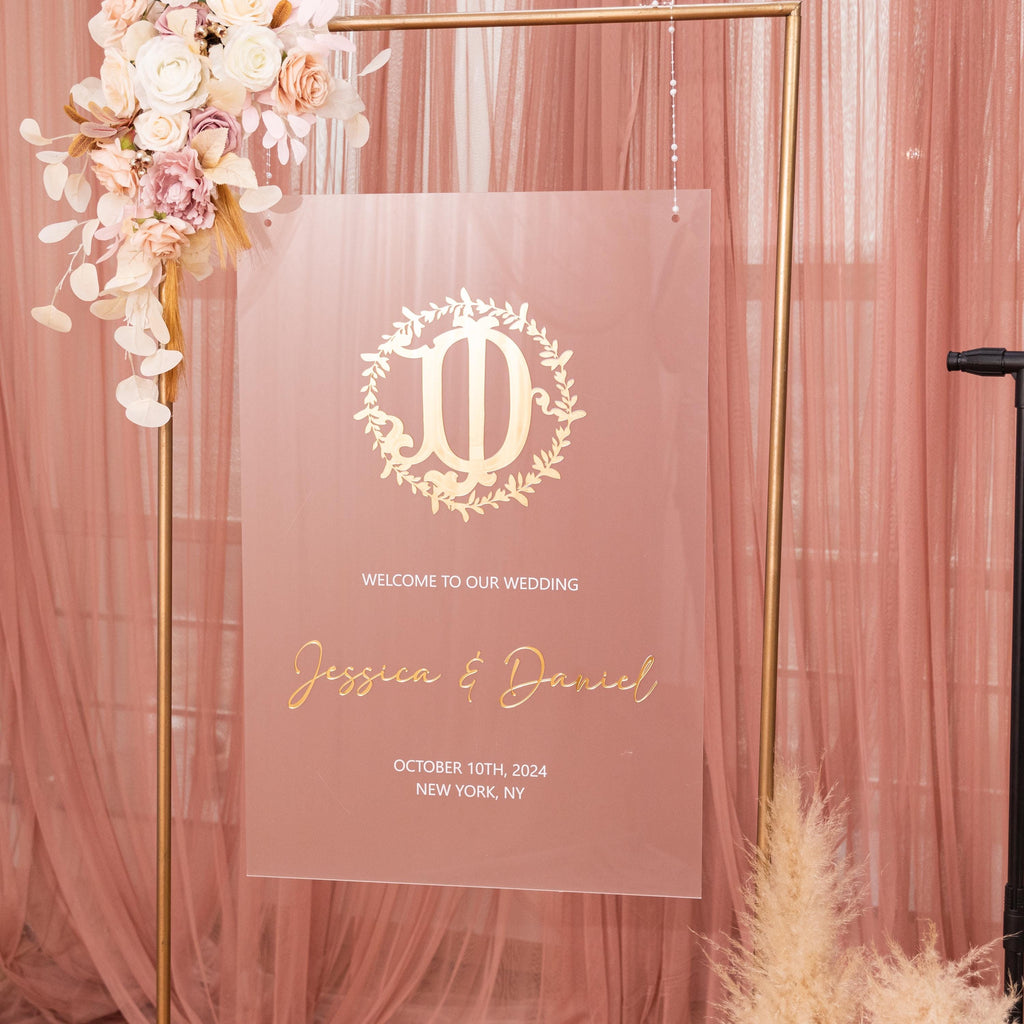 Frosted Acrylic Wedding Welcome Sign | Gold 3D Mirror Initial & Names