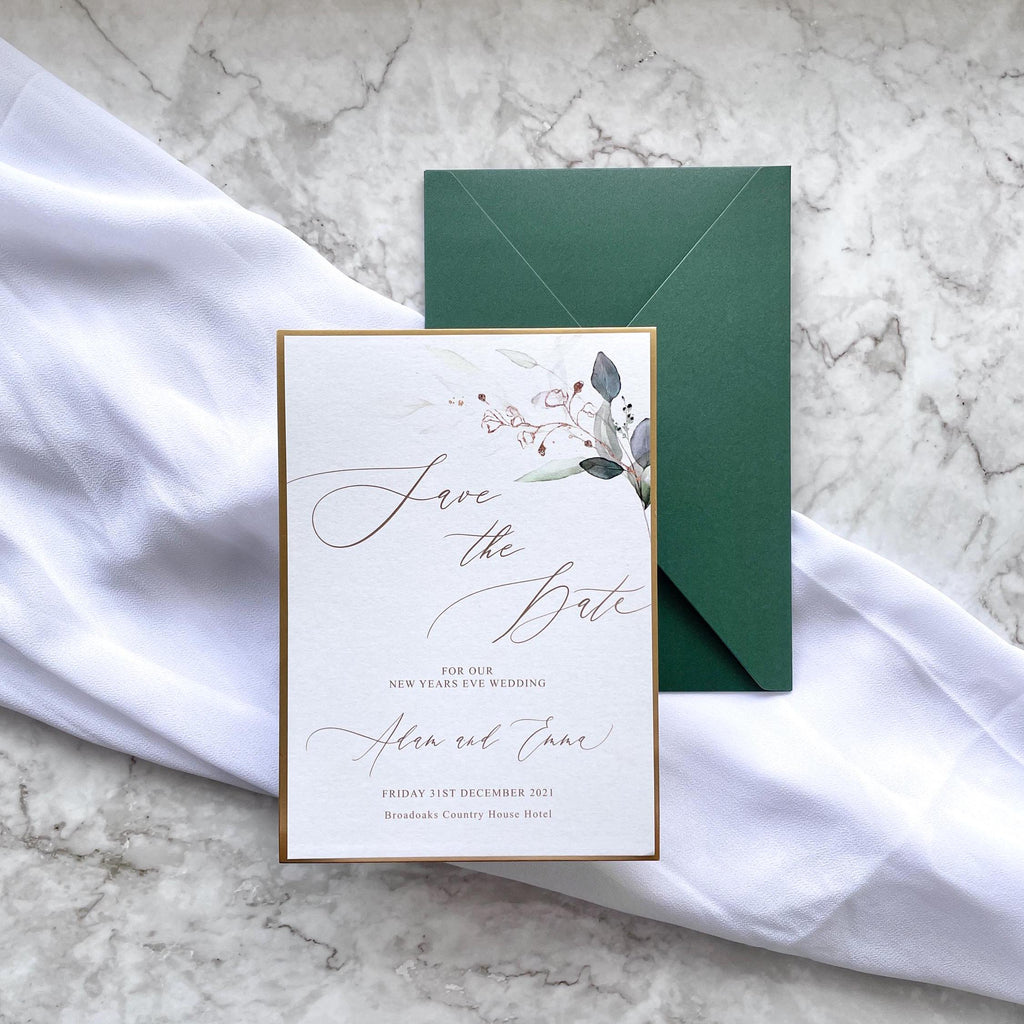 Boho Wedding Save The Date Gold And Emerald Green, Leafy Design with Gold Metallic Trim