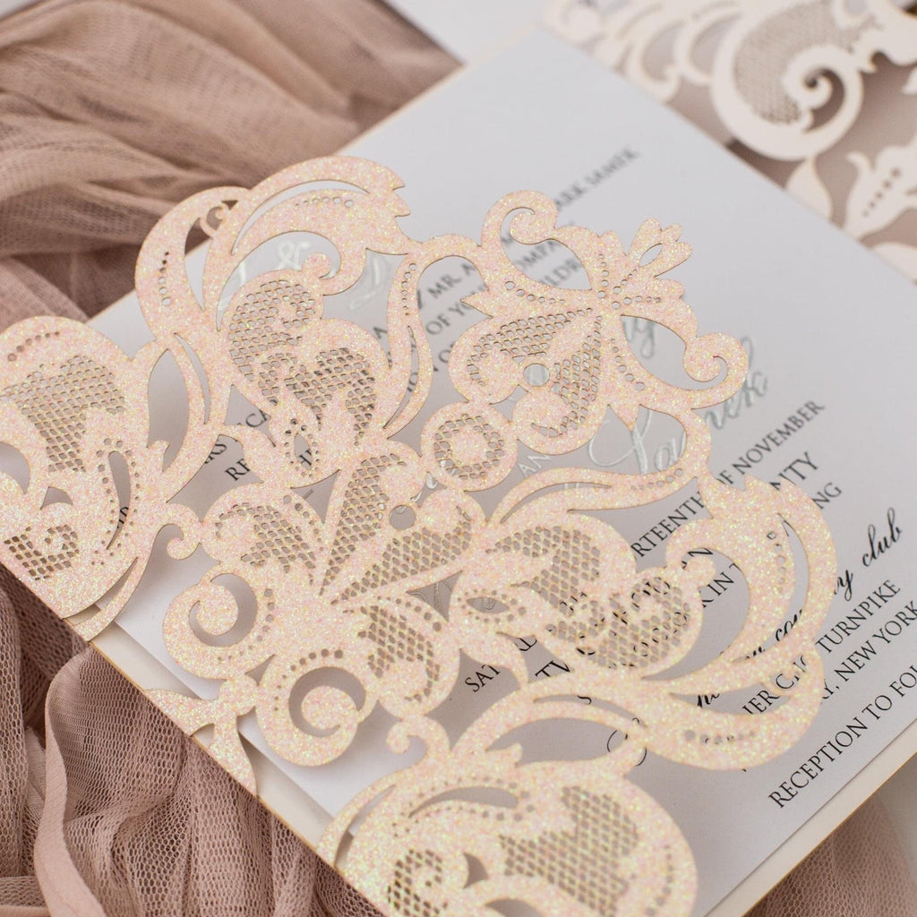 Blush Glitter Wedding Invitation: Silver Foil, Vellum Bellyband
