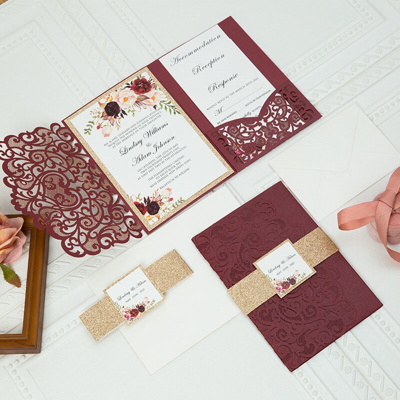 Burgundy Floral Lasercut Pocketfold Wedding Invitation with Gold Glitter Belly Band