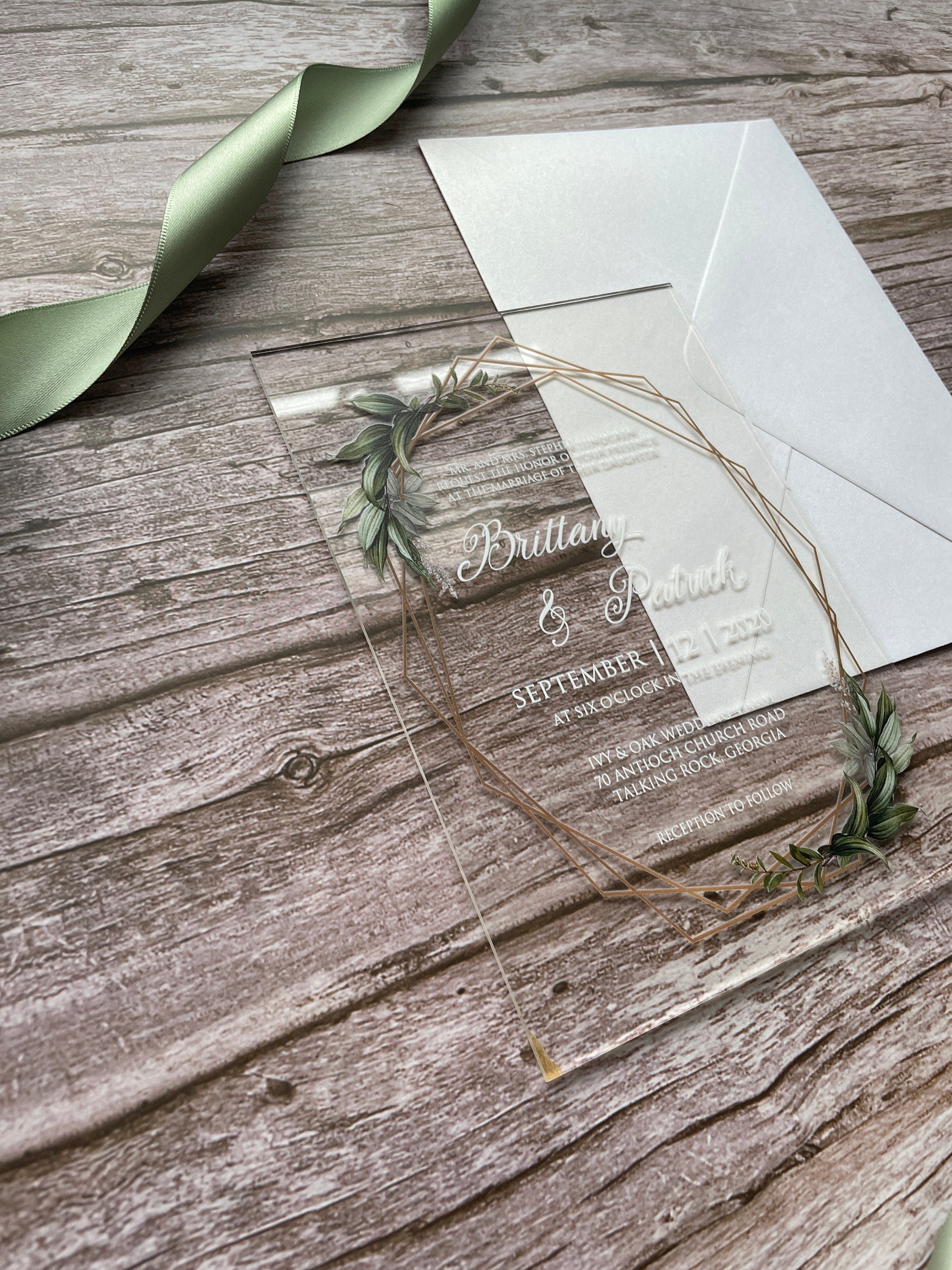 Geometric Eucalyptus Acrylic Wedding Invitation