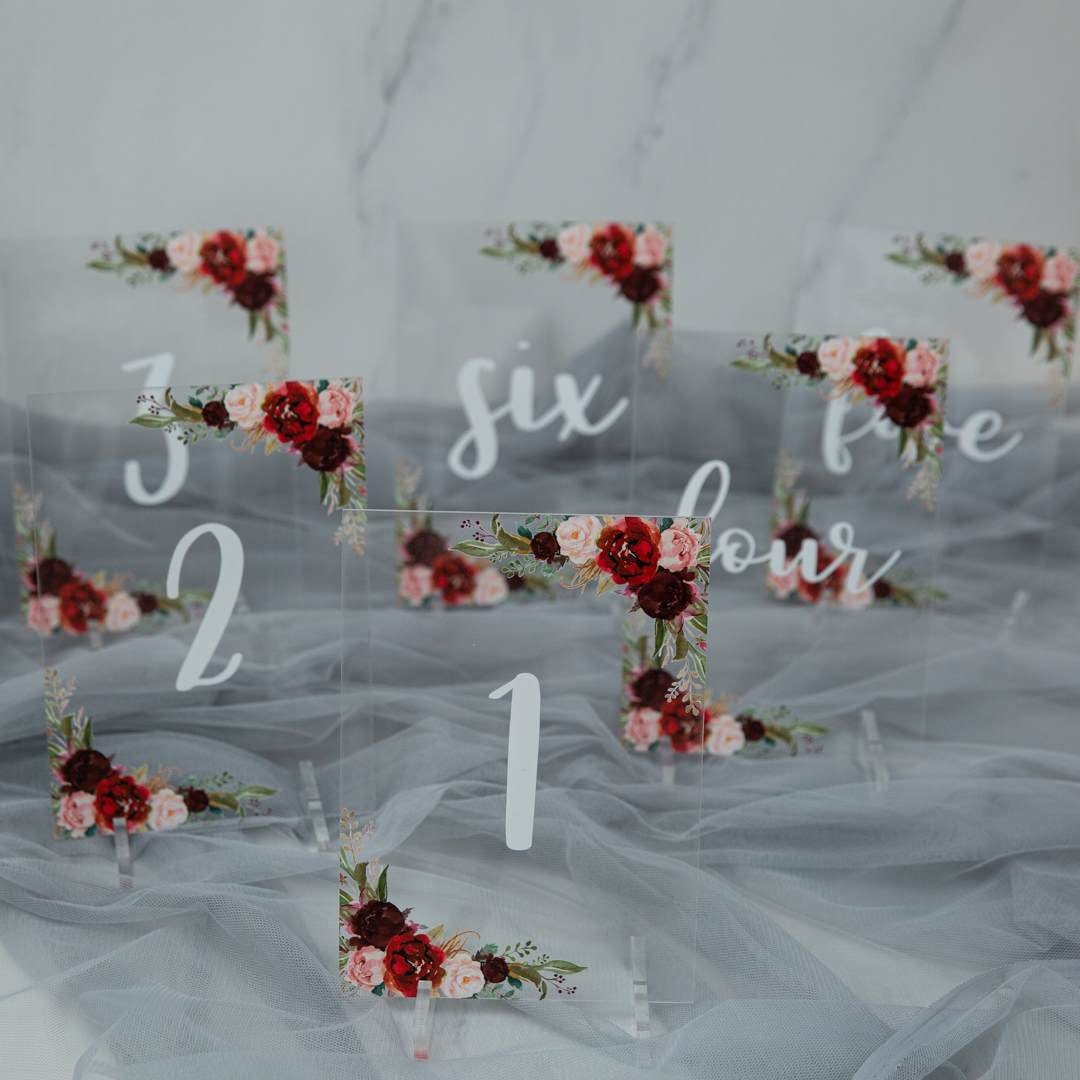 Burgundy Blush Floral Acrylic Wedding Table Number