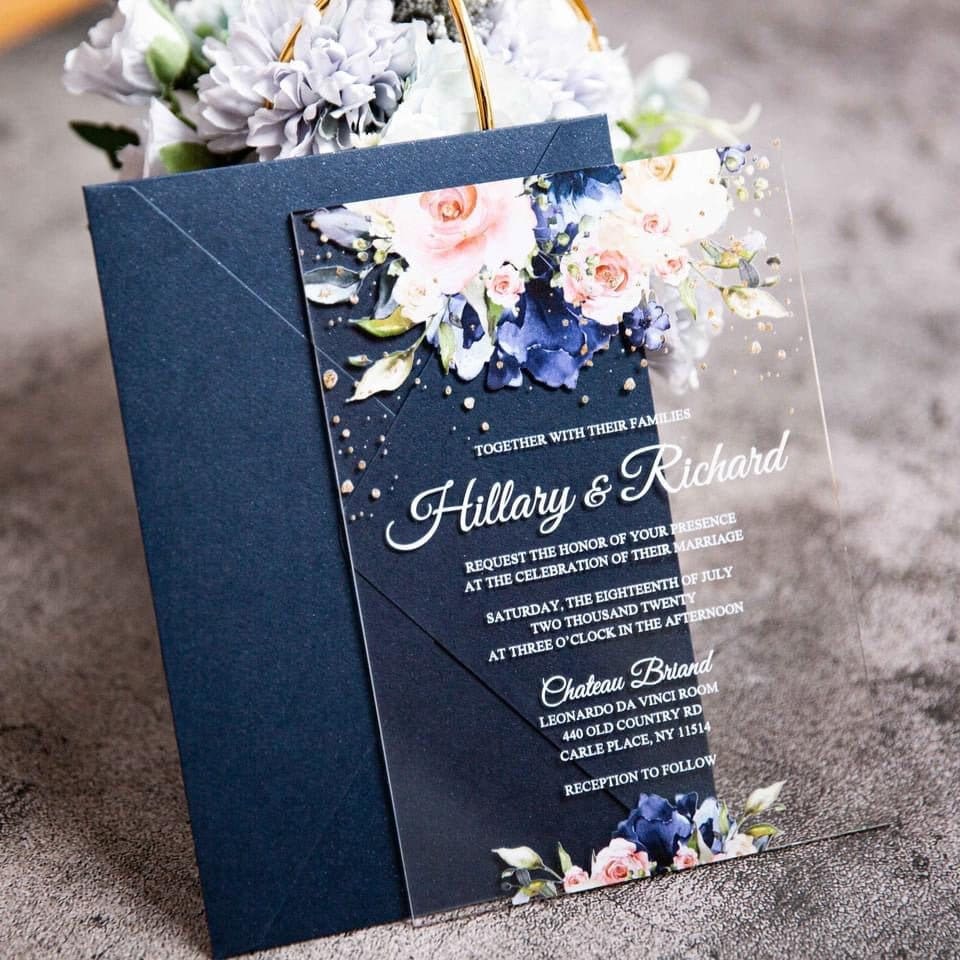 Navy & Blush Floral Acrylic Wedding Invitation