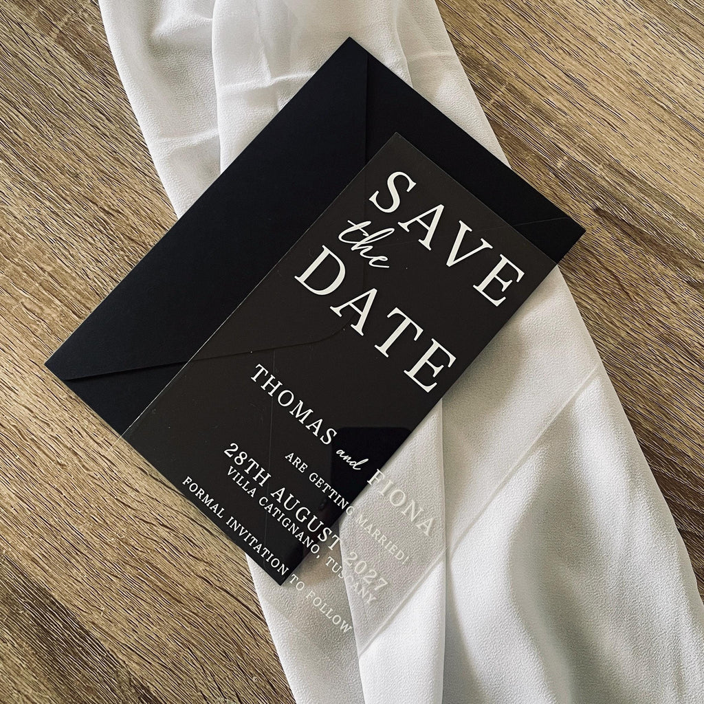 Clear Acrylic Save The Date | Black & White Modern Wedding