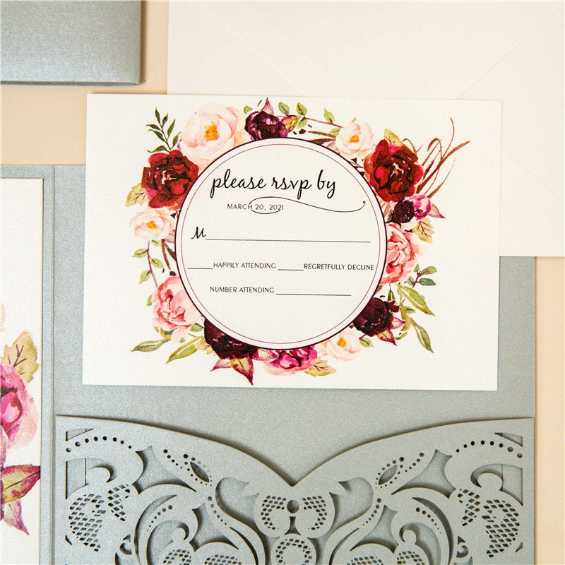 Silver Laser Cut Wedding Invitation with Floral Design