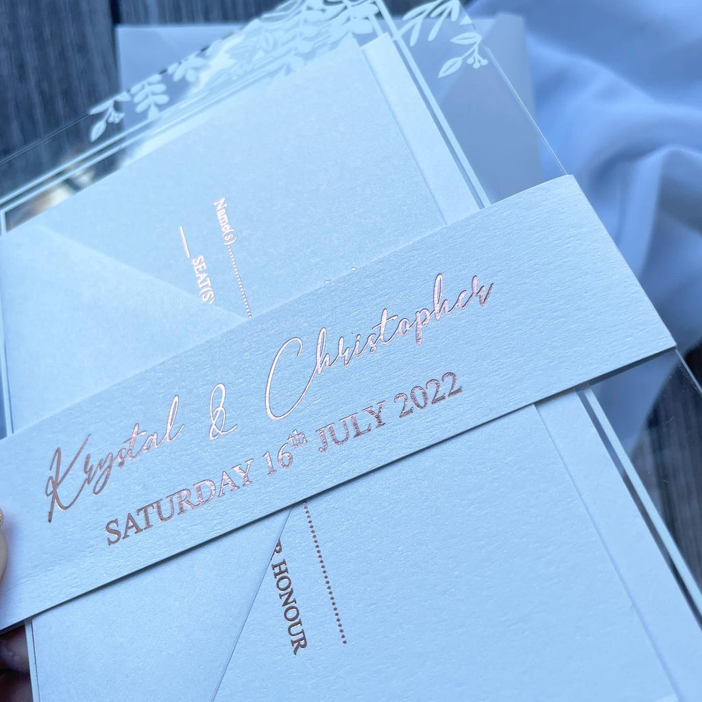 Modern Acrylic Wedding Invitation with Rose Gold Foiling Inserts & Bellyband