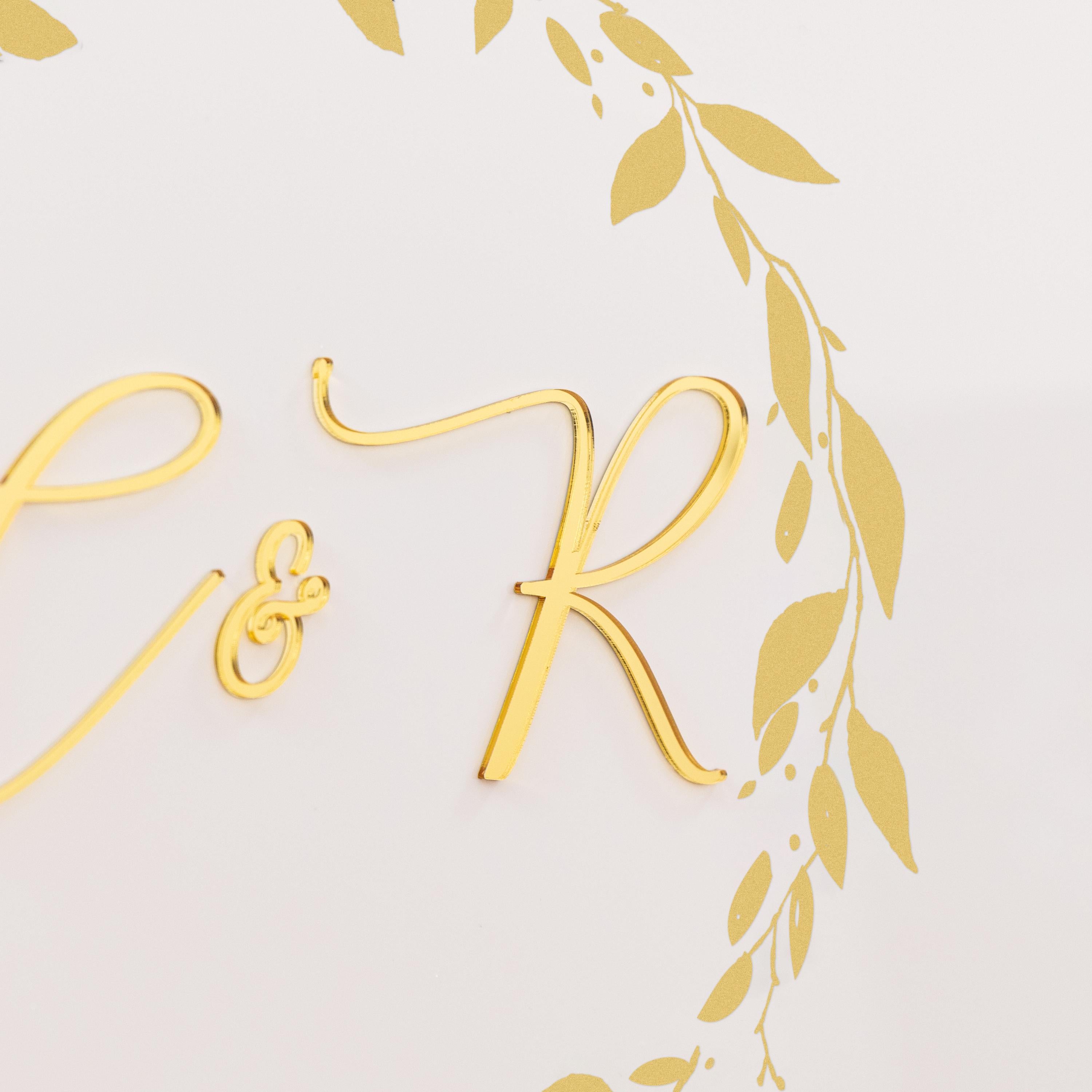 Gold 3D Initial Wedding Welcome Sign, White Acrylic