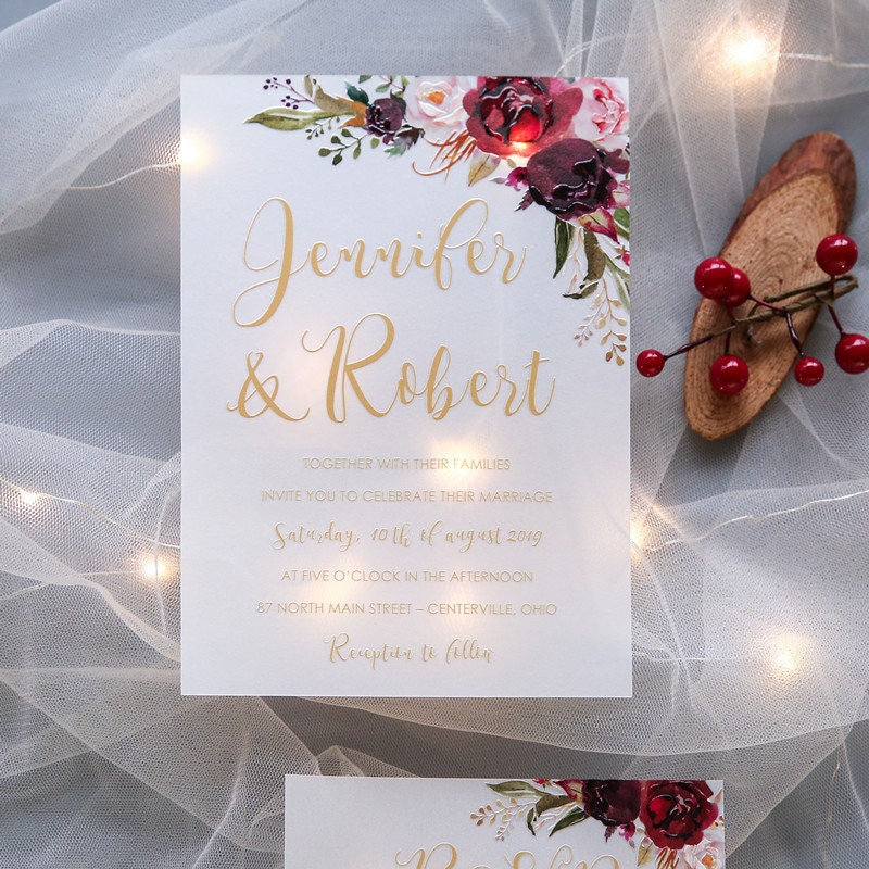 UV Printed Burgundy Floral Wedding Invitation, RSVP Set