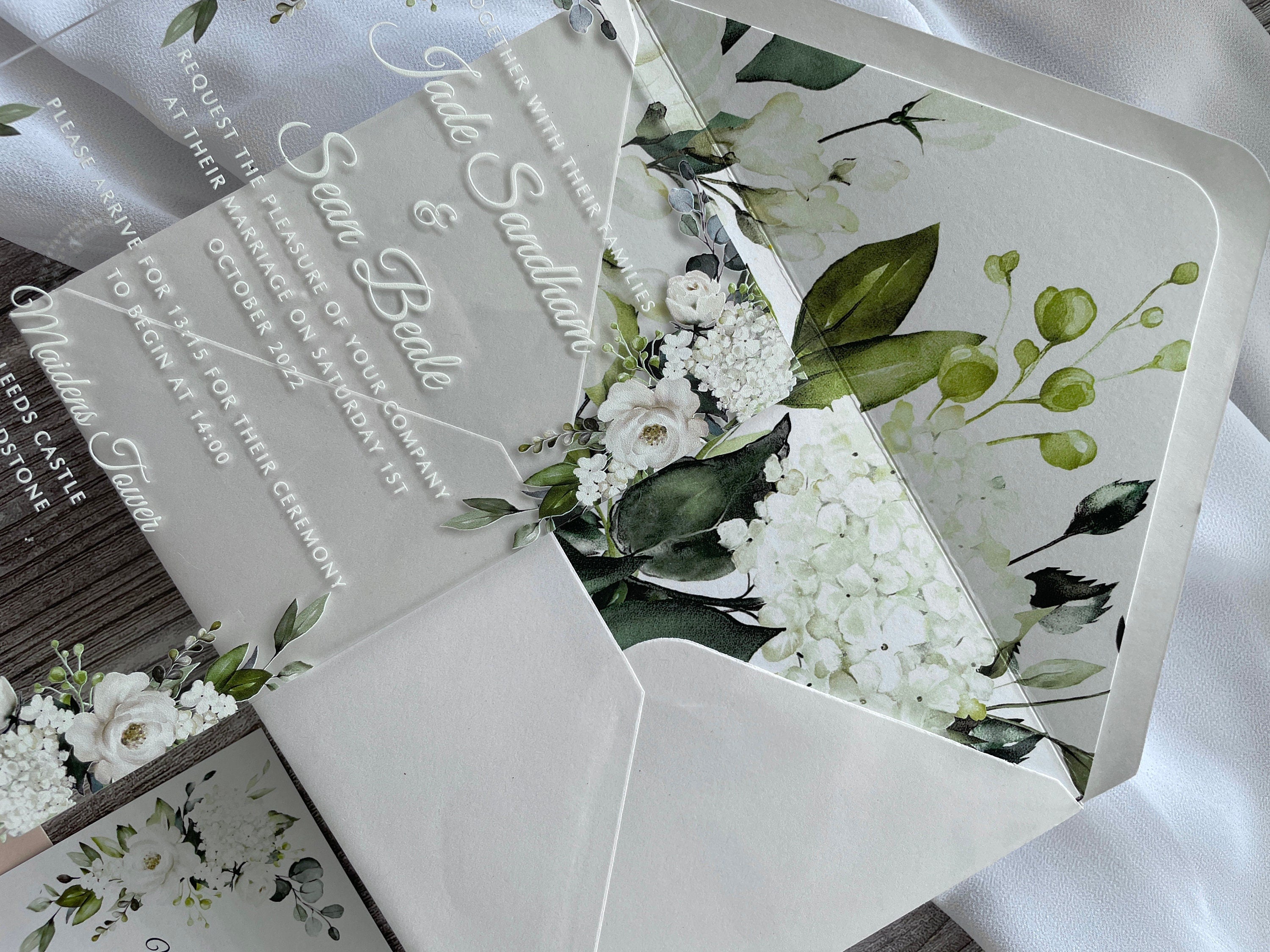 Clear Acrylic White Roses & Foliage Wedding Invite