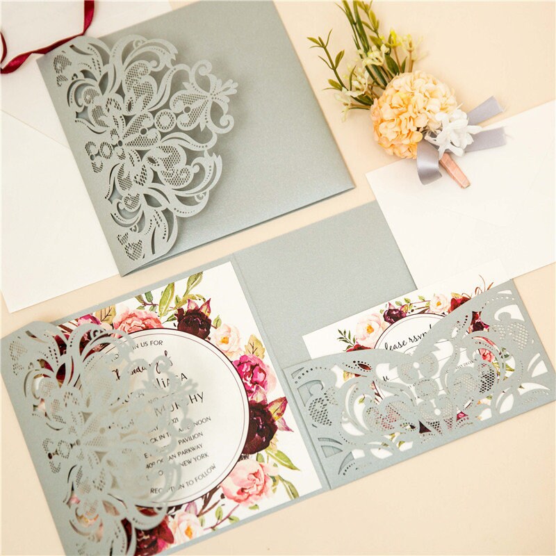 Silver Laser Cut Wedding Invitation with Floral Design