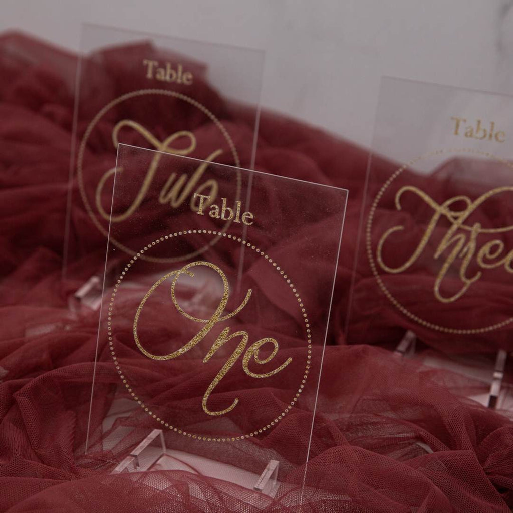 Gold Acrylic Wedding Table Numbers or Names, Clear Sign