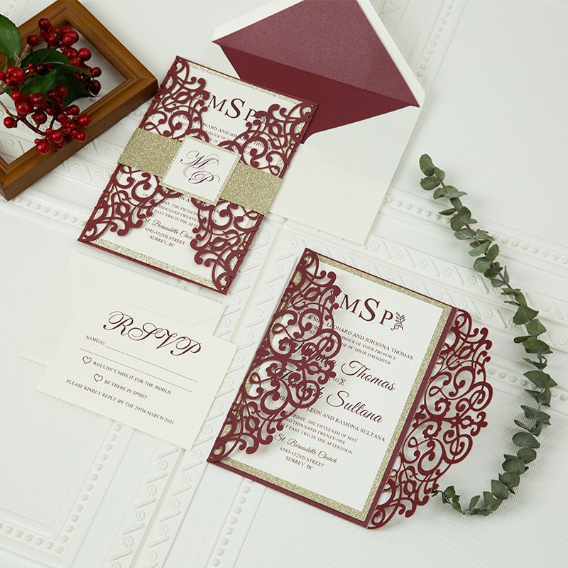 Burgundy Laser Cut Wedding Invitation, Gold Glitter Belly Band